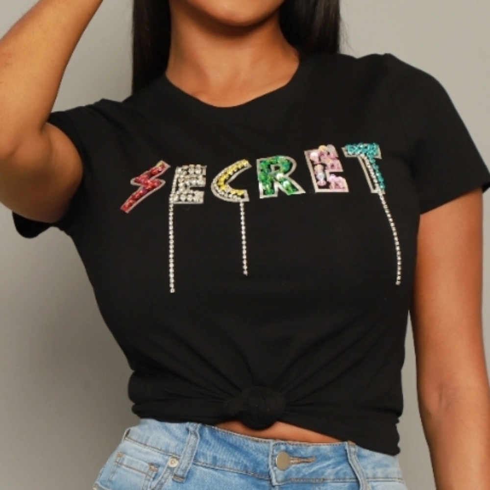 Secrets Out Rhinestone Embellished T-Shirt - Black XL (14-16)
